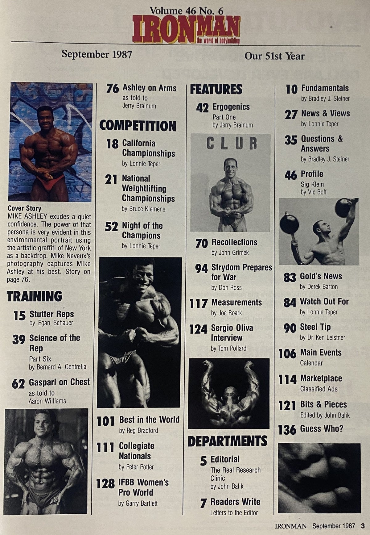 Table of contents from IronMan Magazine September 1987 Vol 46 No. 6, listing articles on bodybuilding training, competitions, and features, including a spotlight on Mike Ashley.