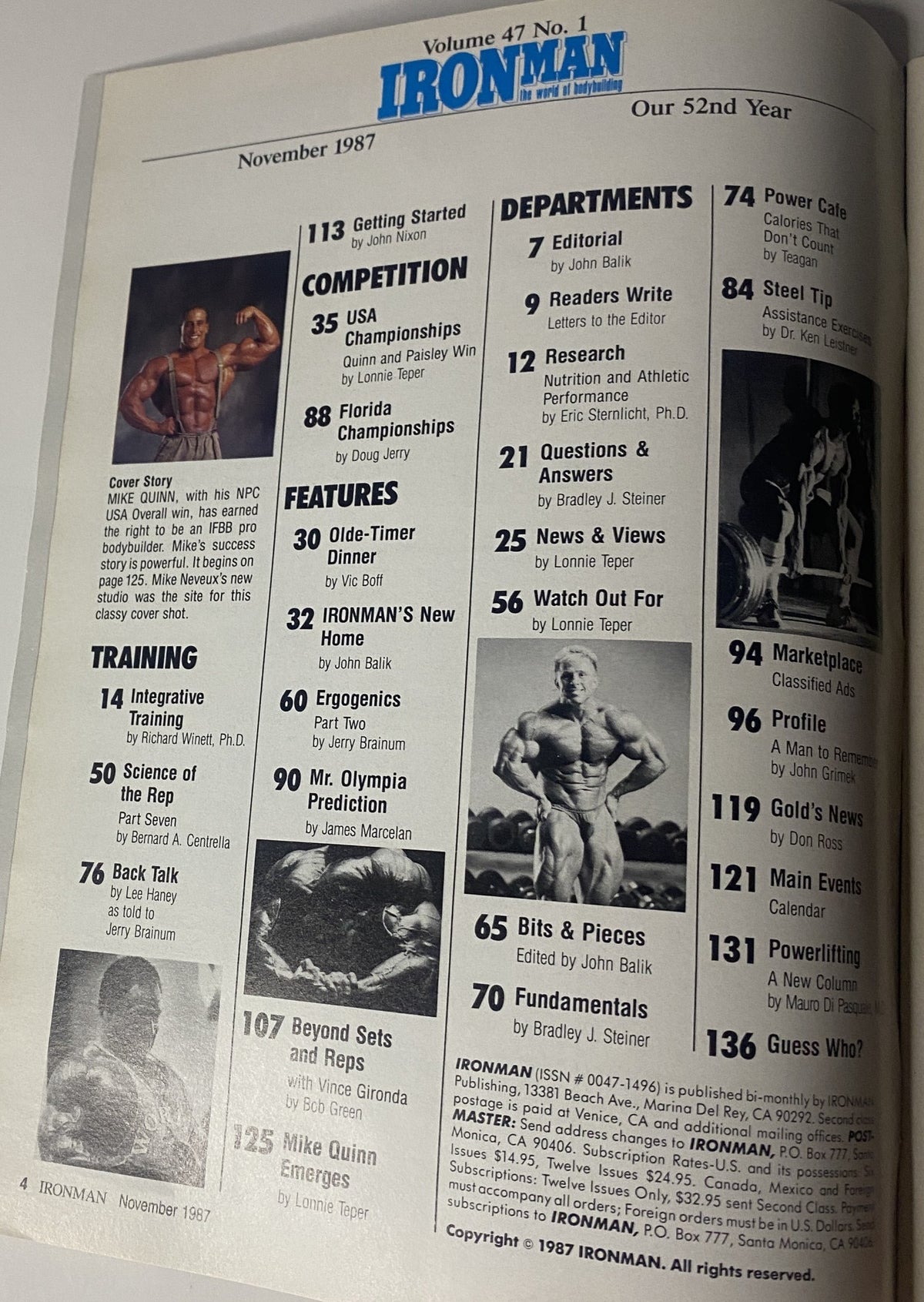 IronMan Magazine November 1987 Vol 47 No 1 featuring table of contents with articles on bodybuilding training, competitions, and features, including a cover story on Mike Quinn.