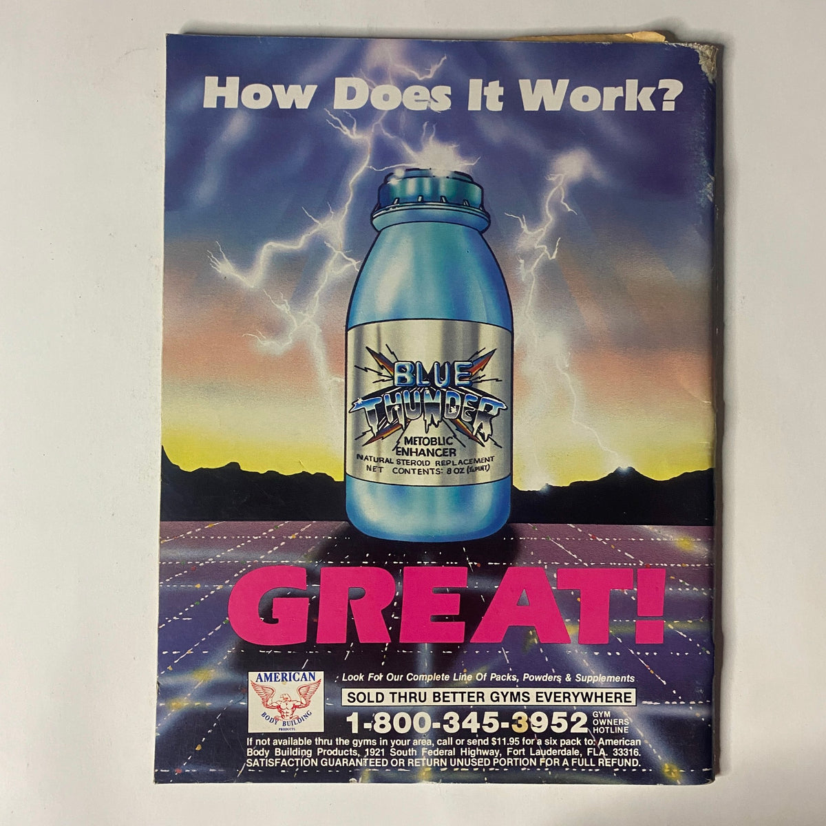 Back cover of IronMan Magazine November 1987 Vol 47 No 1, advertising 'Blue Thunder' bodybuilding supplement with a vibrant graphic and a promotional message.