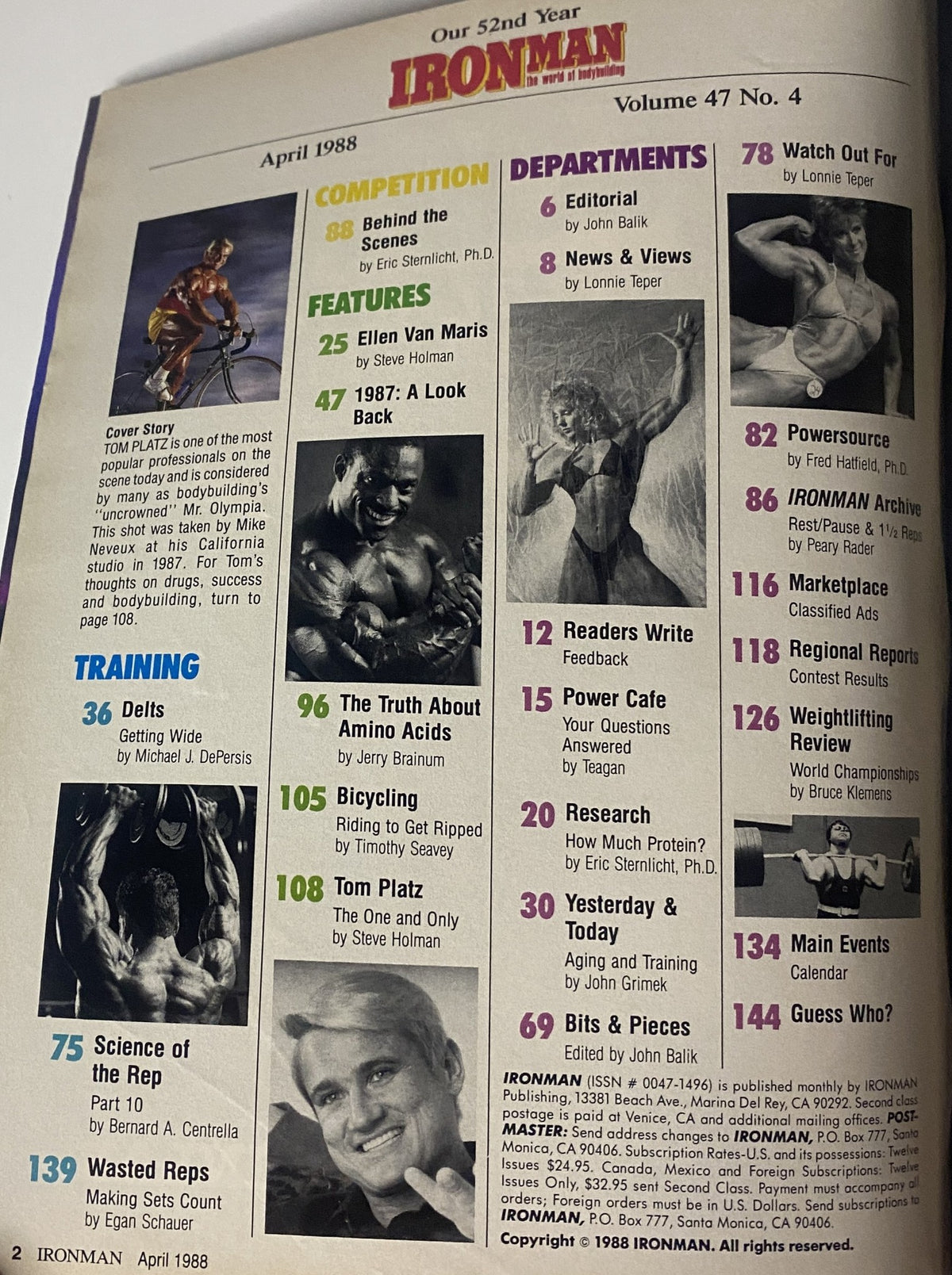Table of Contents from IronMan Magazine, April 1988, Volume 47, Number 4, detailing featured articles including a look back at 1987, science of amino acids, and competitive bodybuilding.