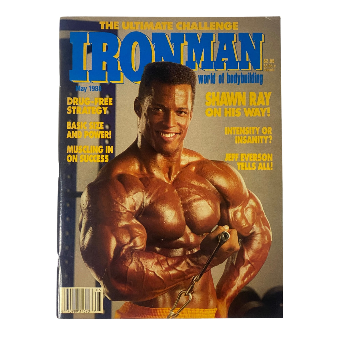 Cover of IronMan Magazine May 1988 Vol 47 No. 5 featuring Shawn Ray with biceps emphasizing bodybuilding, showcasing the headline about his rise in the sport and competition insights.