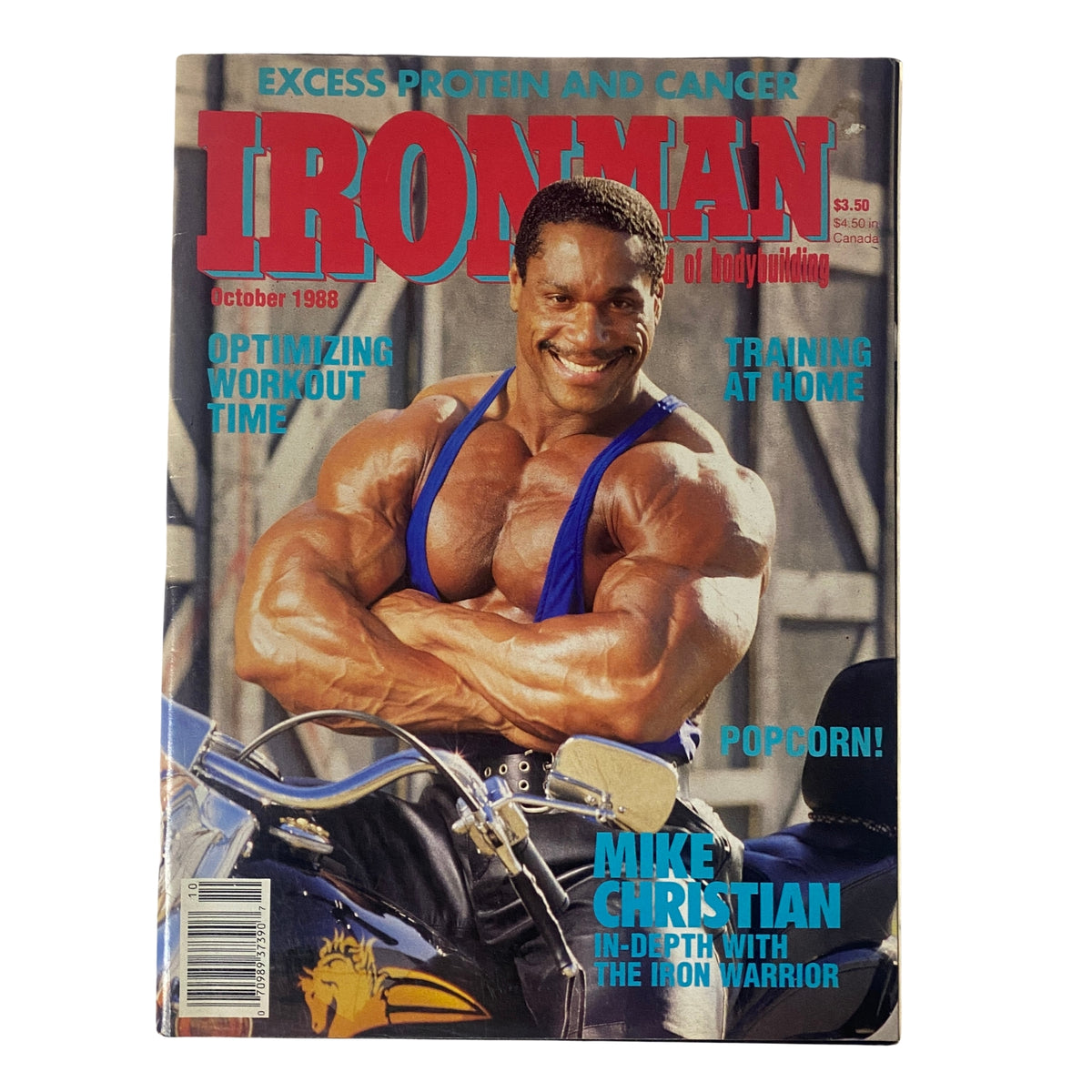 Cover of IronMan Magazine, October 1988 Vol 47 No. 10 featuring Mike Christian, showcasing his muscular physique and highlighting themes of bodybuilding and fitness.