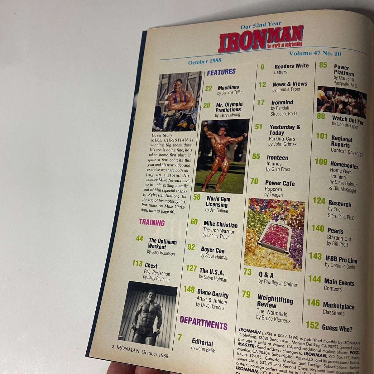 Table of Contents from IronMan Magazine, October 1988 Vol 47 No. 10, outlining articles including features on Mike Christian and other bodybuilding topics.