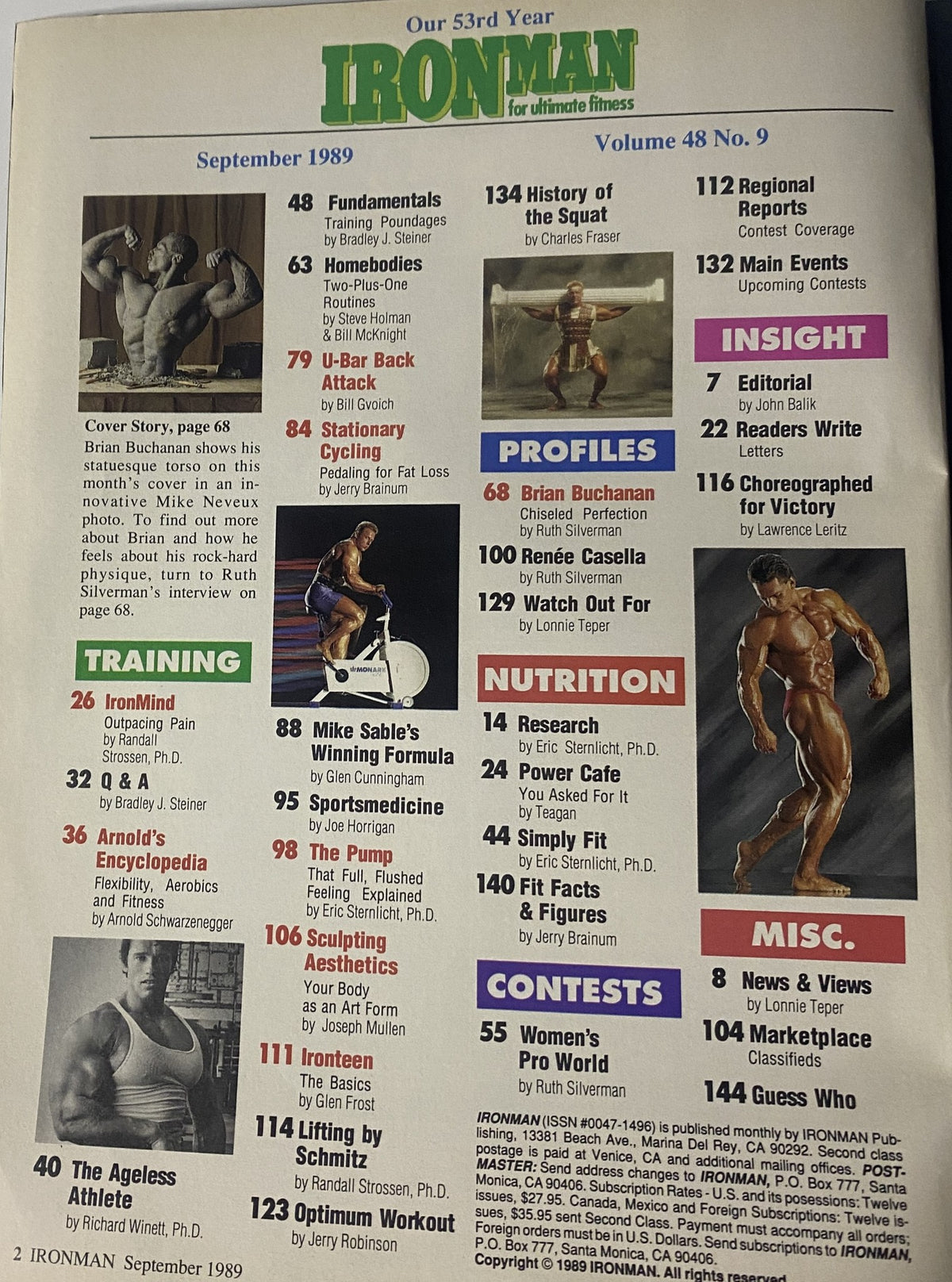 Interior page of IronMan Magazine September 1989 Vol 48 No. 9 displaying the table of contents, featuring sections on training, nutrition, profiles, and insight into bodybuilding culture.