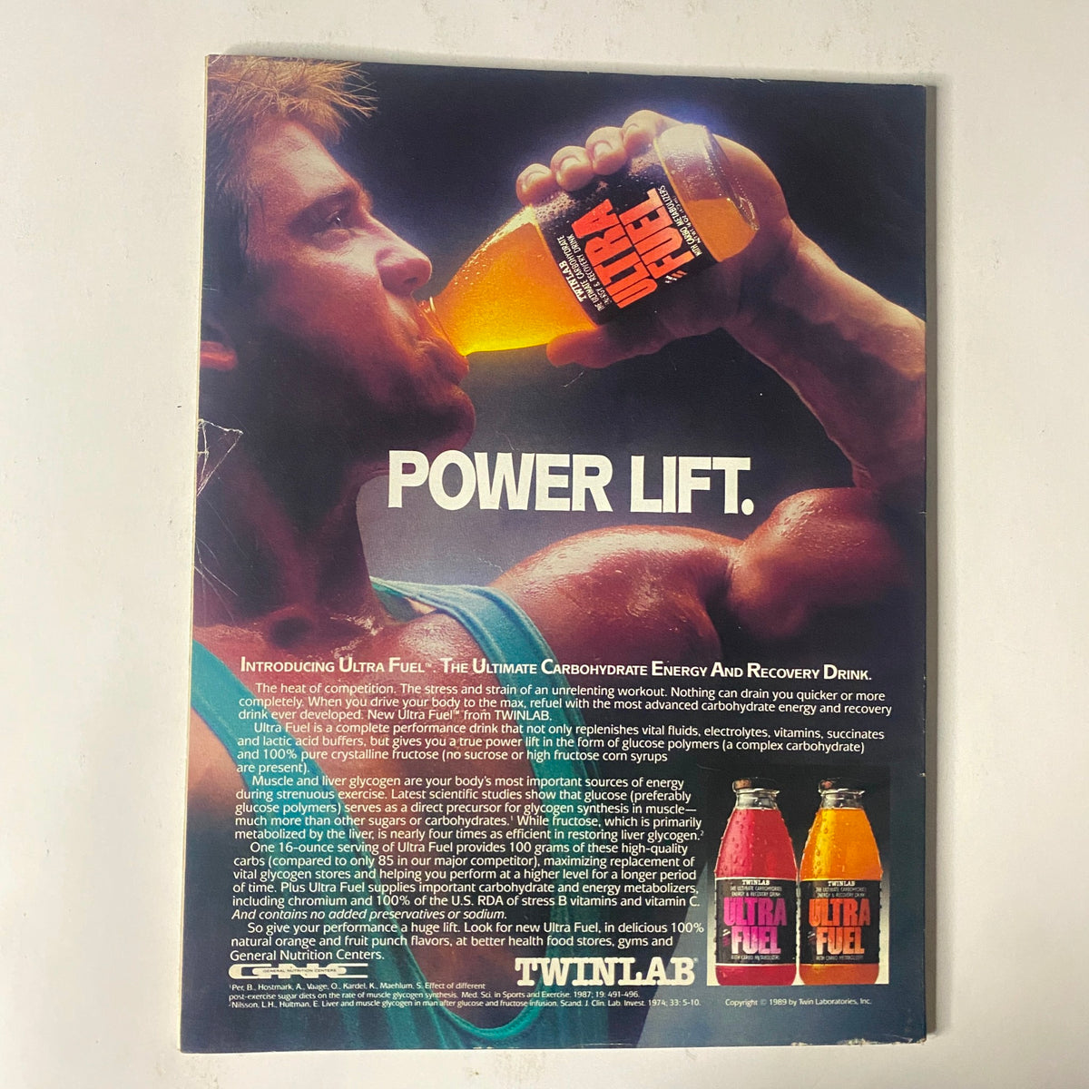 Advertisement from IronMan Magazine September 1989 Vol 48 No. 9 promoting TwinLab's Ultra Fuel, a carbohydrate energy and recovery drink, highlighting its benefits for athletes.