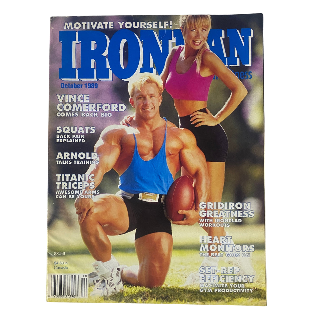 Cover of IronMan Magazine October 1989 Vol 48 No. 10 featuring Vince Comerford and model Kathy Axell, discussing bodybuilding insights and training tips.