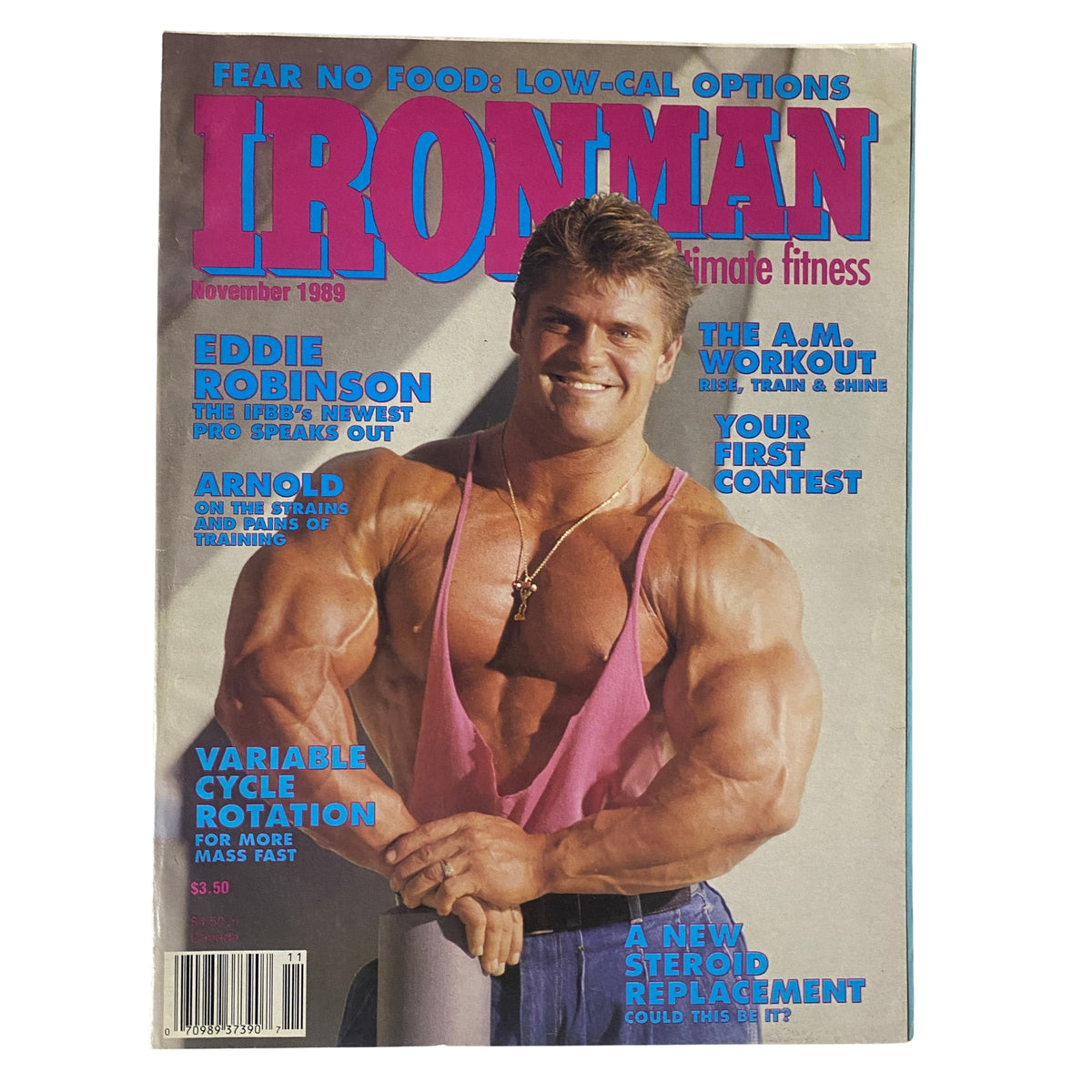 Cover of IronMan Magazine, November 1989 Vol. 48 No. 11 featuring Eddie Robinson, showcasing bodybuilding themes, training techniques, and nutrition insights.