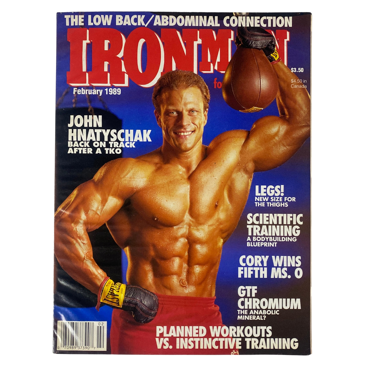IronMan Magazine February 1989 cover featuring John Hnatyschak. The magazine showcases Hnatyschak in a bodybuilding pose, wearing boxing gloves and promoting fitness topics such as scientific training and bodybuilding competitions.