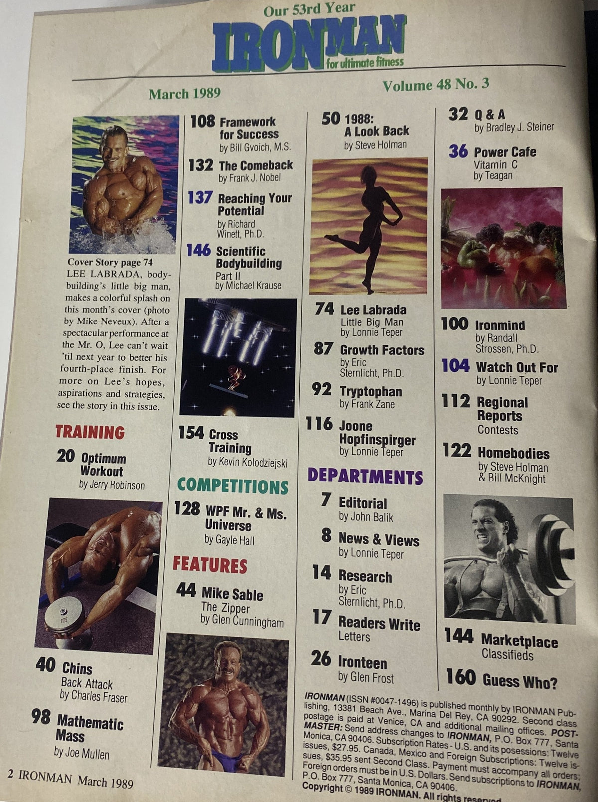 IronMan Magazine March 1989 Vol 48 No. 3 showcasing the Table of Contents featuring articles on bodybuilding, training, and fitness. Highlights include Lee Labrada and various training articles.