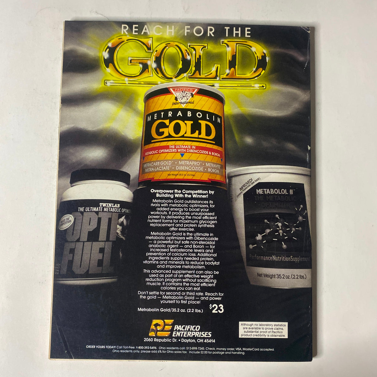 IronMan Magazine March 1989 Vol 48 No. 3 back cover advertisement featuring Metrabolin Gold nutrition supplements. Promotes bodybuilding supplements to enhance performance in fitness competition.