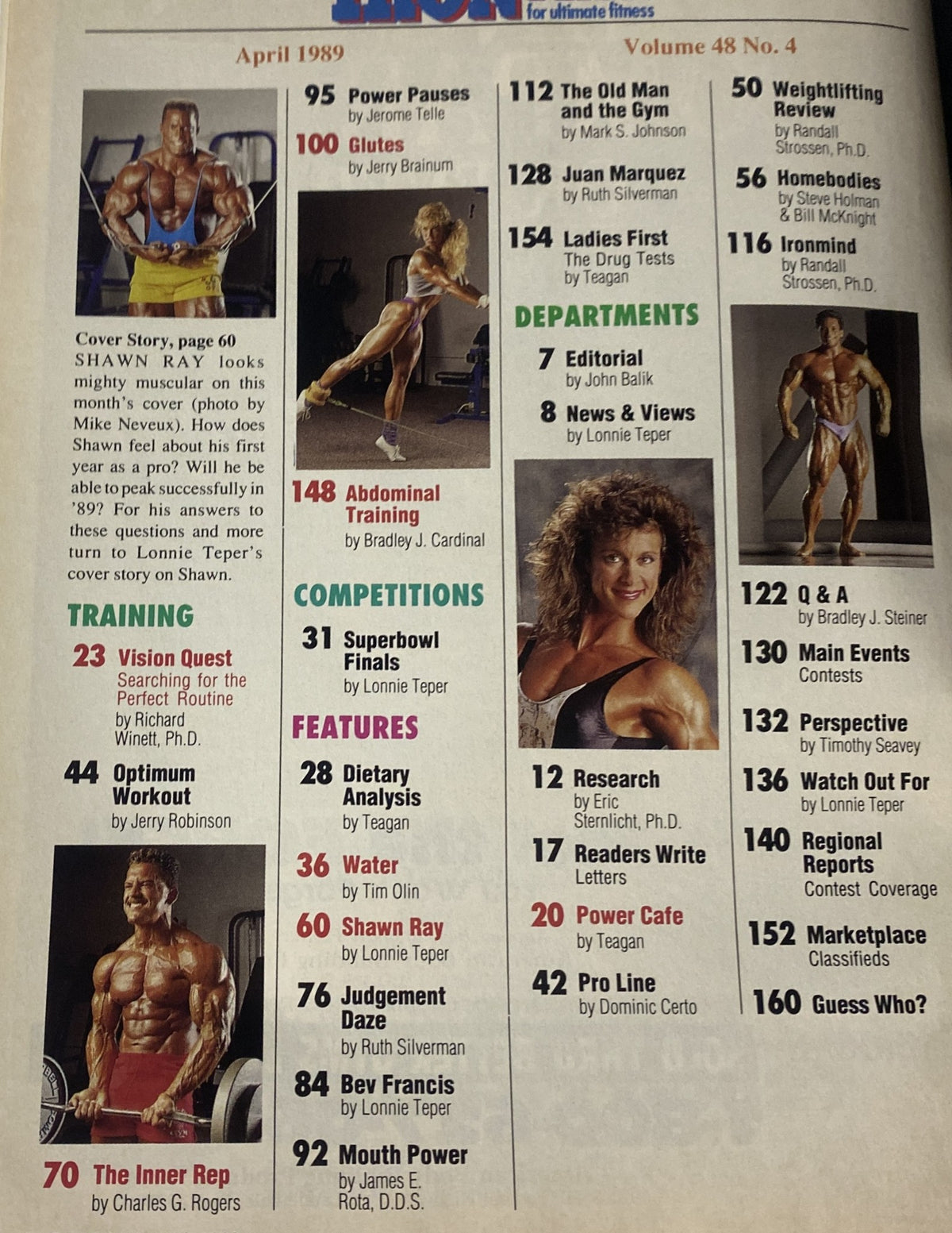 Table of contents from IronMan Magazine April 1989 Vol 48 No. 4, listing articles on training, competitions, and features including Shawn Ray, dietary analysis, and various exercise insights.