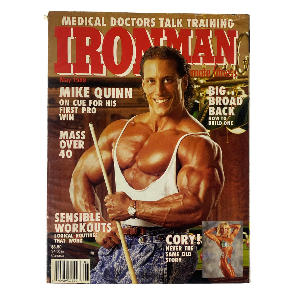 IronMan Magazine May 1989 Vol 48 No 5 featuring Mike Quinn on the cover, showcasing his physique and announcing his participation in the IFBB pro circuit.