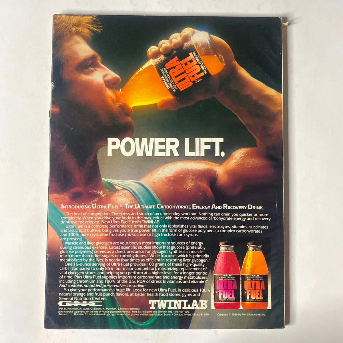 Back cover of IronMan Magazine May 1989 Vol 48 No 5 advertising Ultra Fuel, a carbohydrate energy and recovery drink, emphasizing its benefits for athletes.