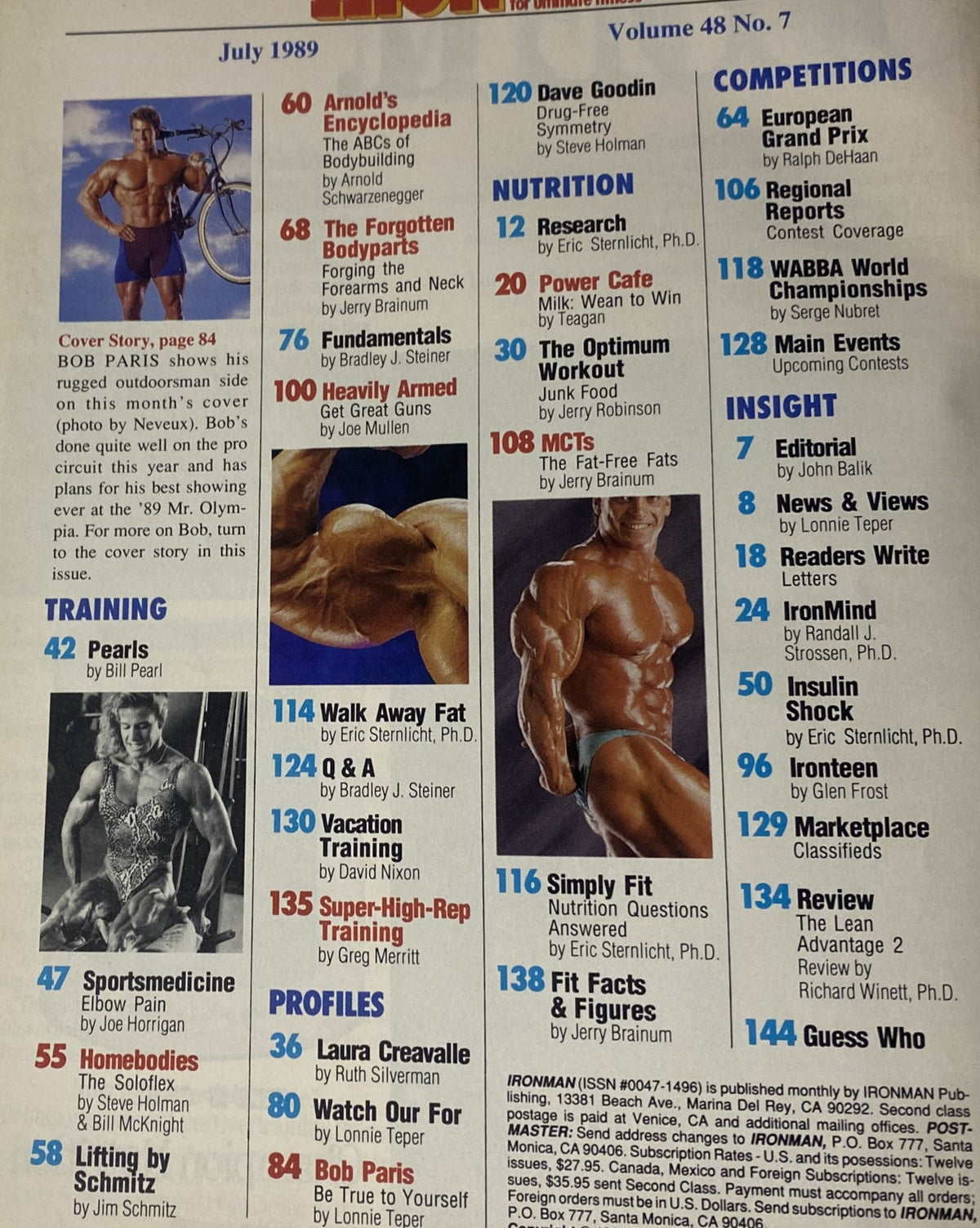 Table of Contents from IronMan Magazine July 1989 Vol 48 No 7, listing articles on bodybuilding training, nutrition insights, expert profiles, and competition coverage, showcasing contributions from notable figures like Bill Pearl and Jerry Brainum.