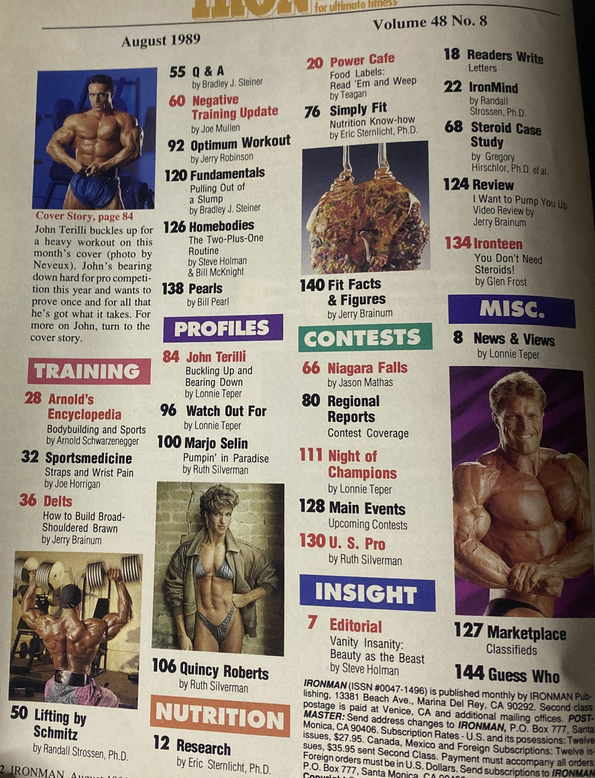 Inside spread of IronMan Magazine August 1989 Vol 48 No. 8 including the table of contents, highlighting articles on bodybuilding training and nutrition.