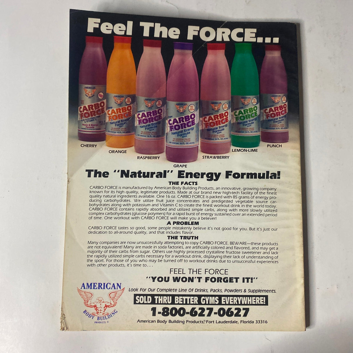 Advertisement for Carbo Force energy drinks featured in IronMan Magazine August 1989 Vol 48 No. 8 promoting natural energy formulas for bodybuilders.