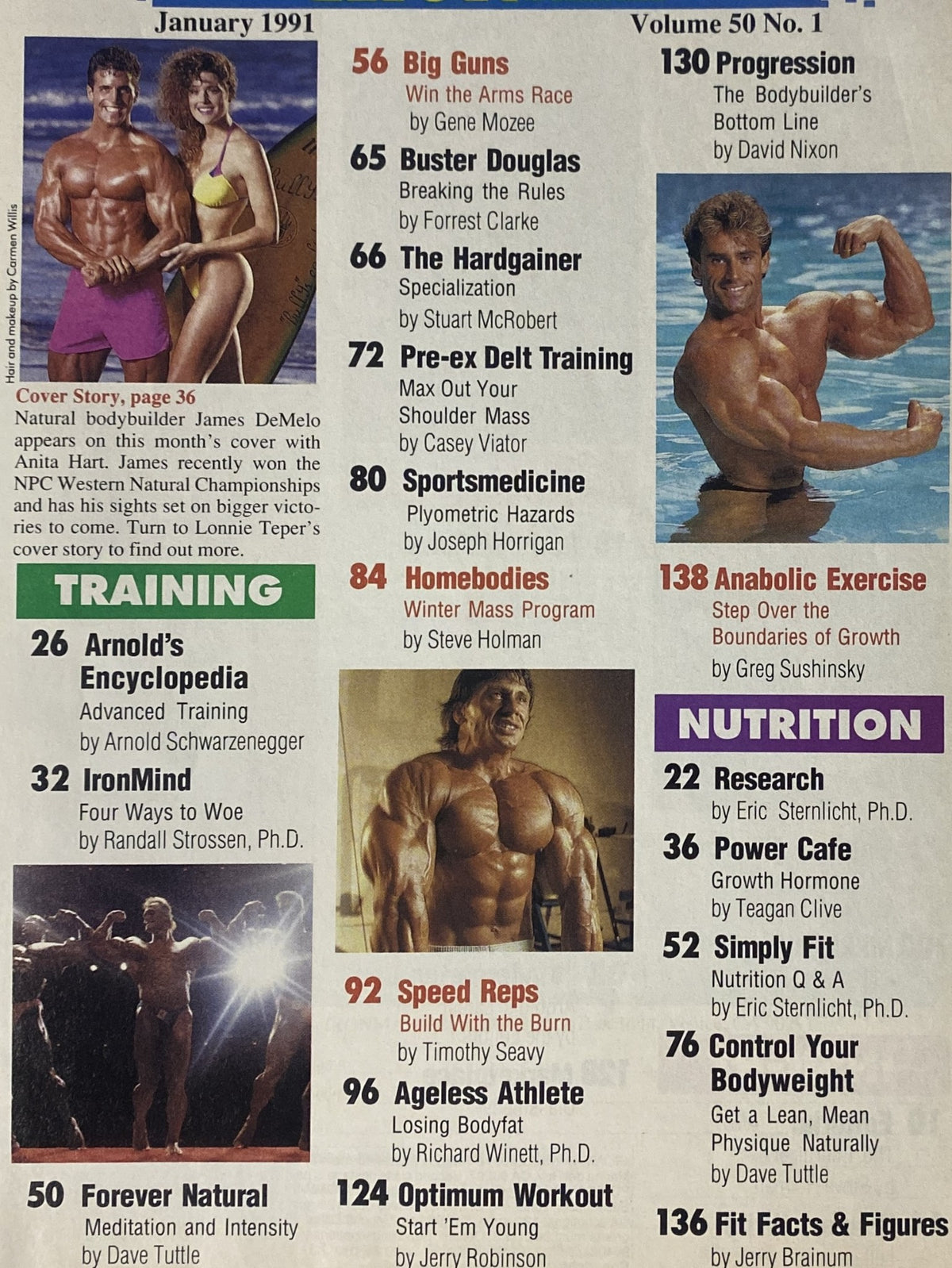 IronMan Magazine January 1991 Vol 50 No. 1 contents page highlighting various articles on bodybuilding, nutrition, and training techniques with contributions from notable experts.
