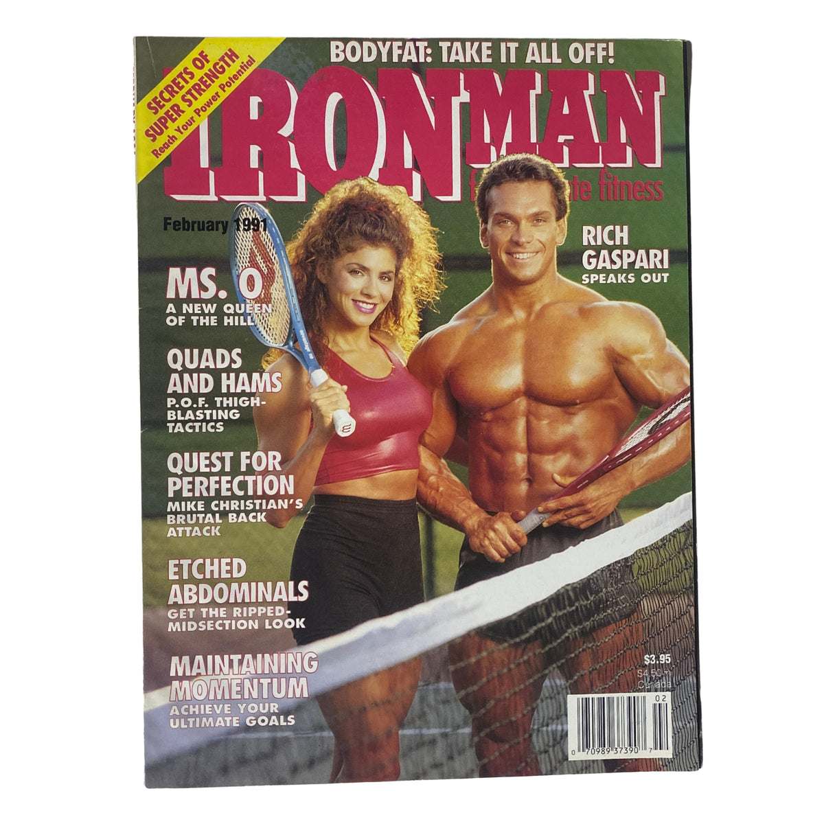 IronMan Magazine February 1991 cover featuring Rich Gaspari and Cheryl Sandy, highlighting fitness topics including bodybuilding, nutrition, and training strategies. Volume 50, No. 2, celebrating Gaspari's competitive journey.