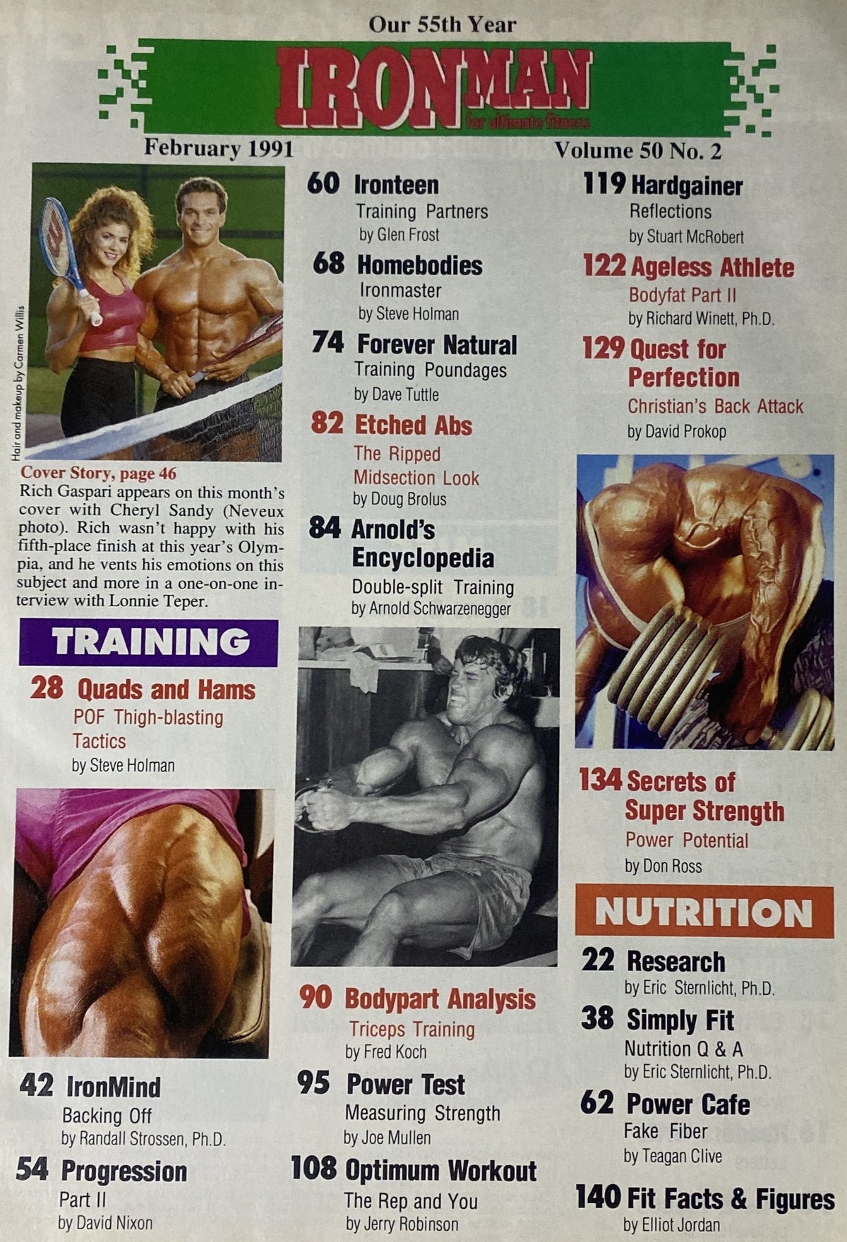 IronMan Magazine February 1991 Vol 50 No 2 cover featuring Rich Gaspari and Cheryl Sandy, showcasing powerlifting strategies and bodybuilding insights.