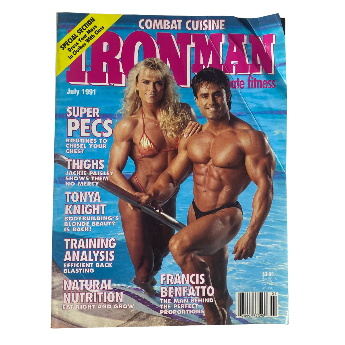 Cover of IronMan Magazine, July 1991, Vol. 50 No. 7 featuring Francis Benfatto and Tonya Knight, focusing on bodybuilding and fitness.