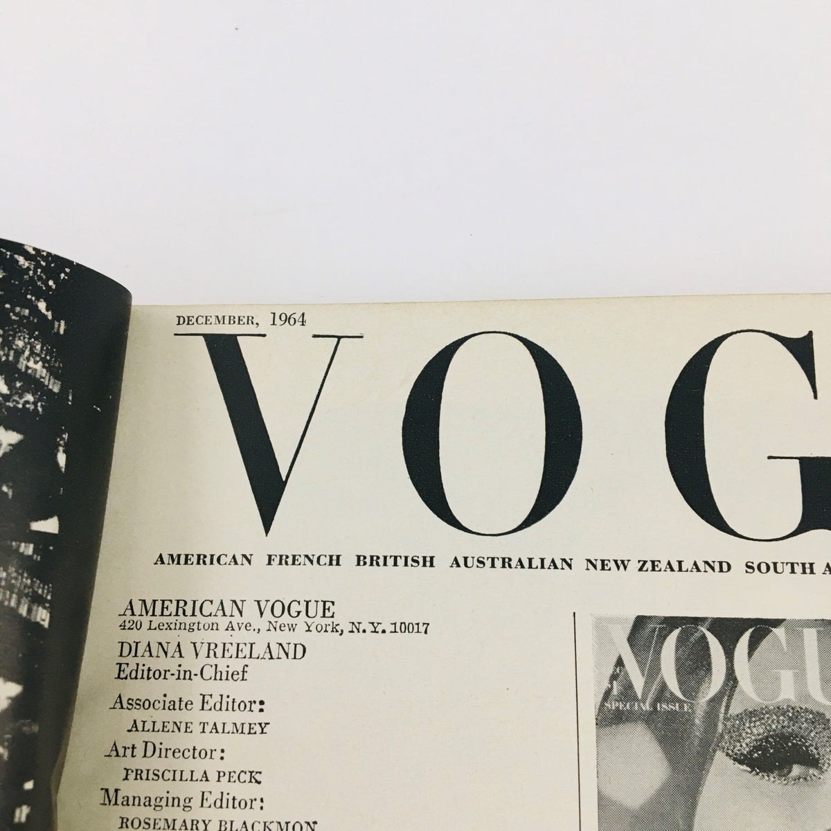 Interior page of VTG Vogue Magazine December 1964, featuring prominent editor names and details about the magazine's historical context.