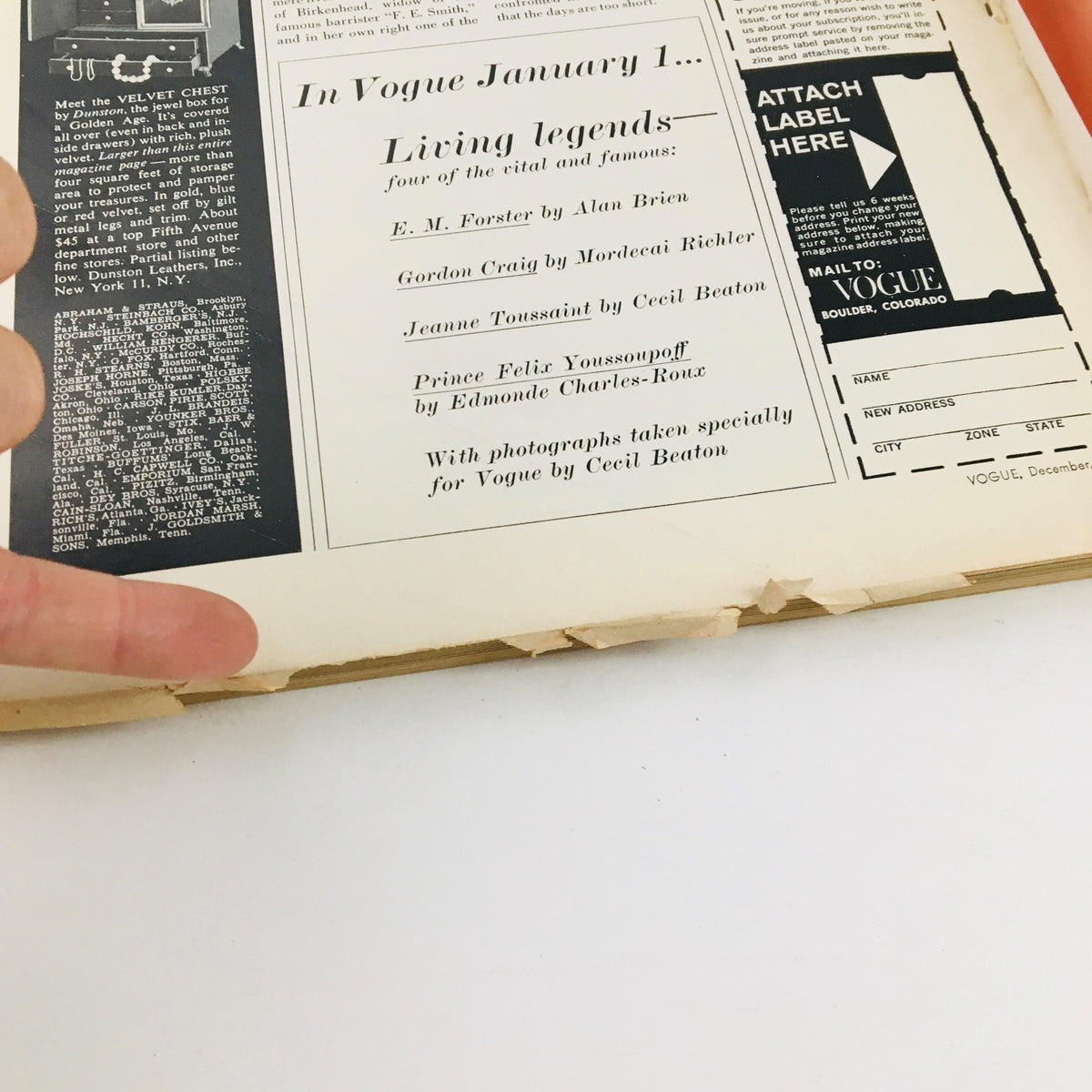 Back cover of VTG Vogue Magazine December 1964, displaying advertisements and a continuation of the magazine's vintage style.