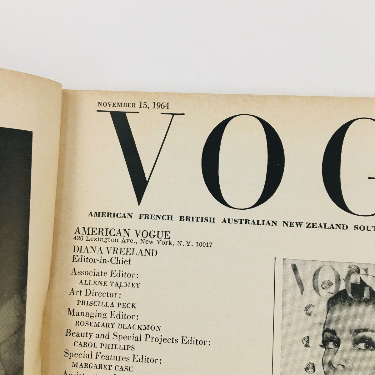 Inside page of VTG Vogue Magazine from November 15, 1964, featuring editorial credits including Diana Vreeland as Editor-in-Chief and listing the magazine's contributors. The page highlights the publication's vintage layout and design.