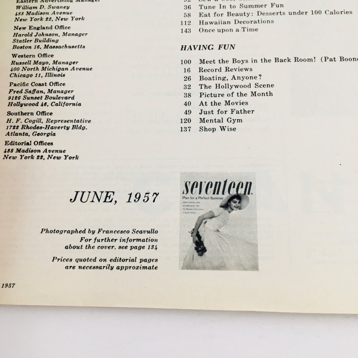 Another interior page from VTG Seventeen Magazine June 1957, showing additional article titles and a small image of the magazine's cover, further illustrating its vintage content.