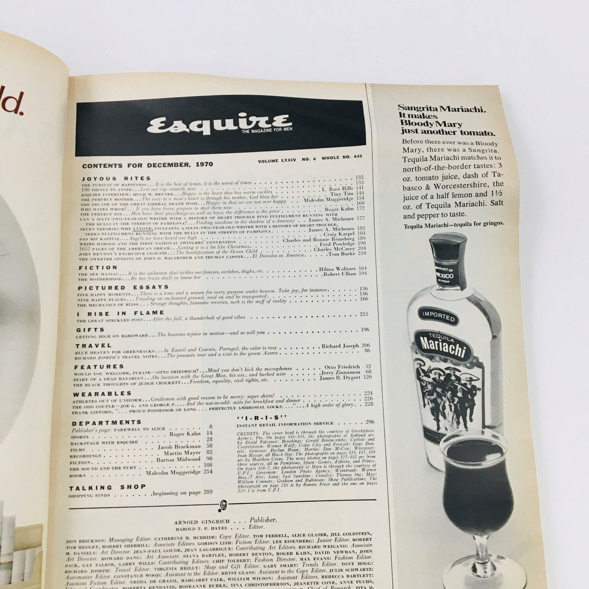 Contents page of Esquire Magazine December 1970, listing various articles including fiction, essays, and features. A vintage collectible illustrating the magazine's cultural significance.