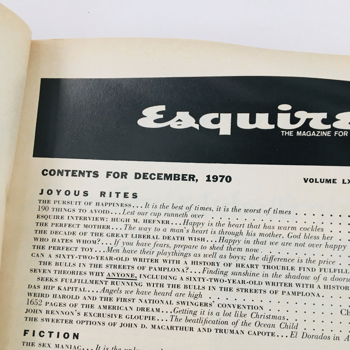 Contents page of the VTG Esquire Magazine December 1970 featuring Aristotle Onassis cover, detailing articles and topics including an interview with Hugh M. Hefner.