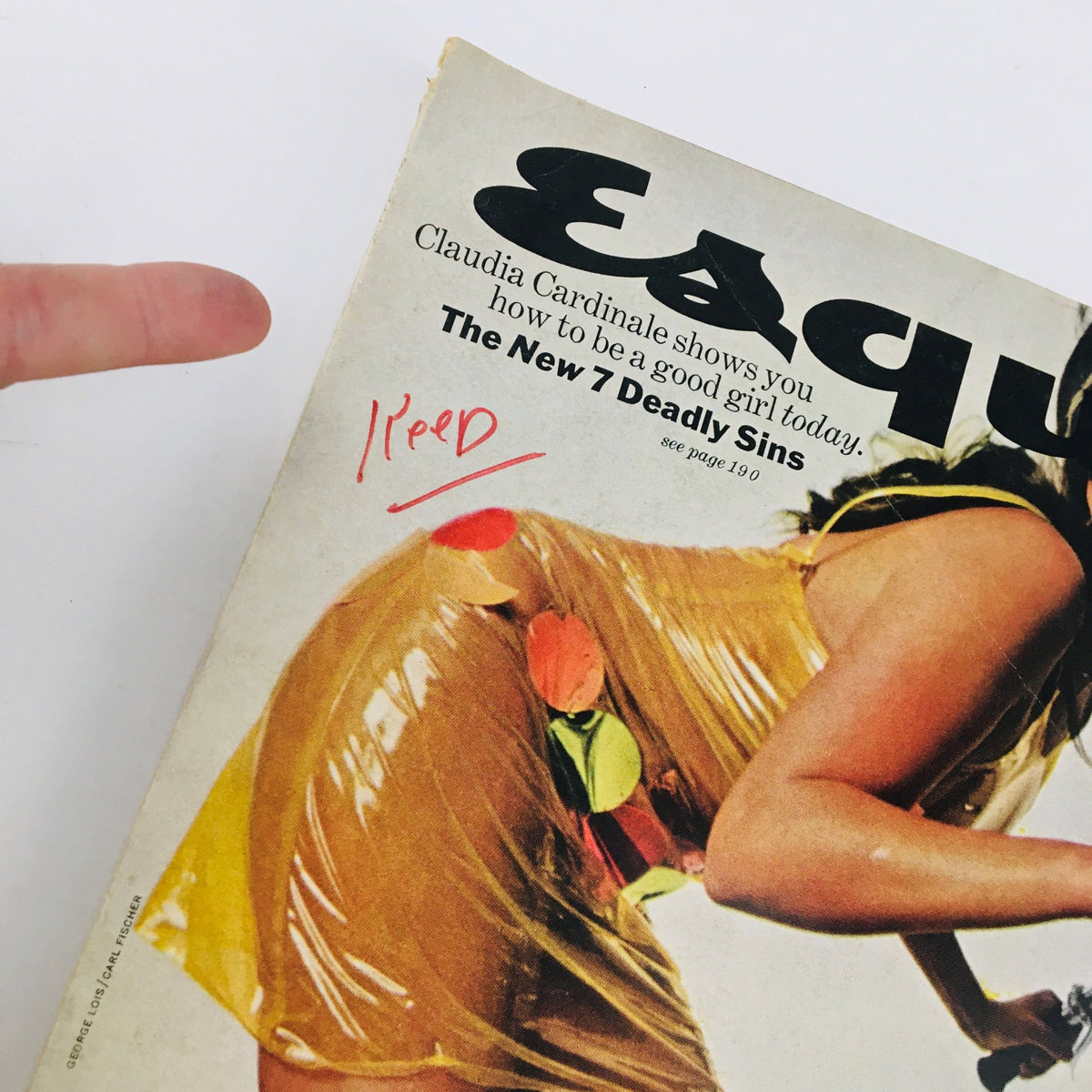 Close-up of VTG Esquire Magazine December 1966 cover, highlighting Claudia Cardinale and the text 'Claudia Cardinale shows you how to be a good girl today. The New 7 Deadly Sins.'
