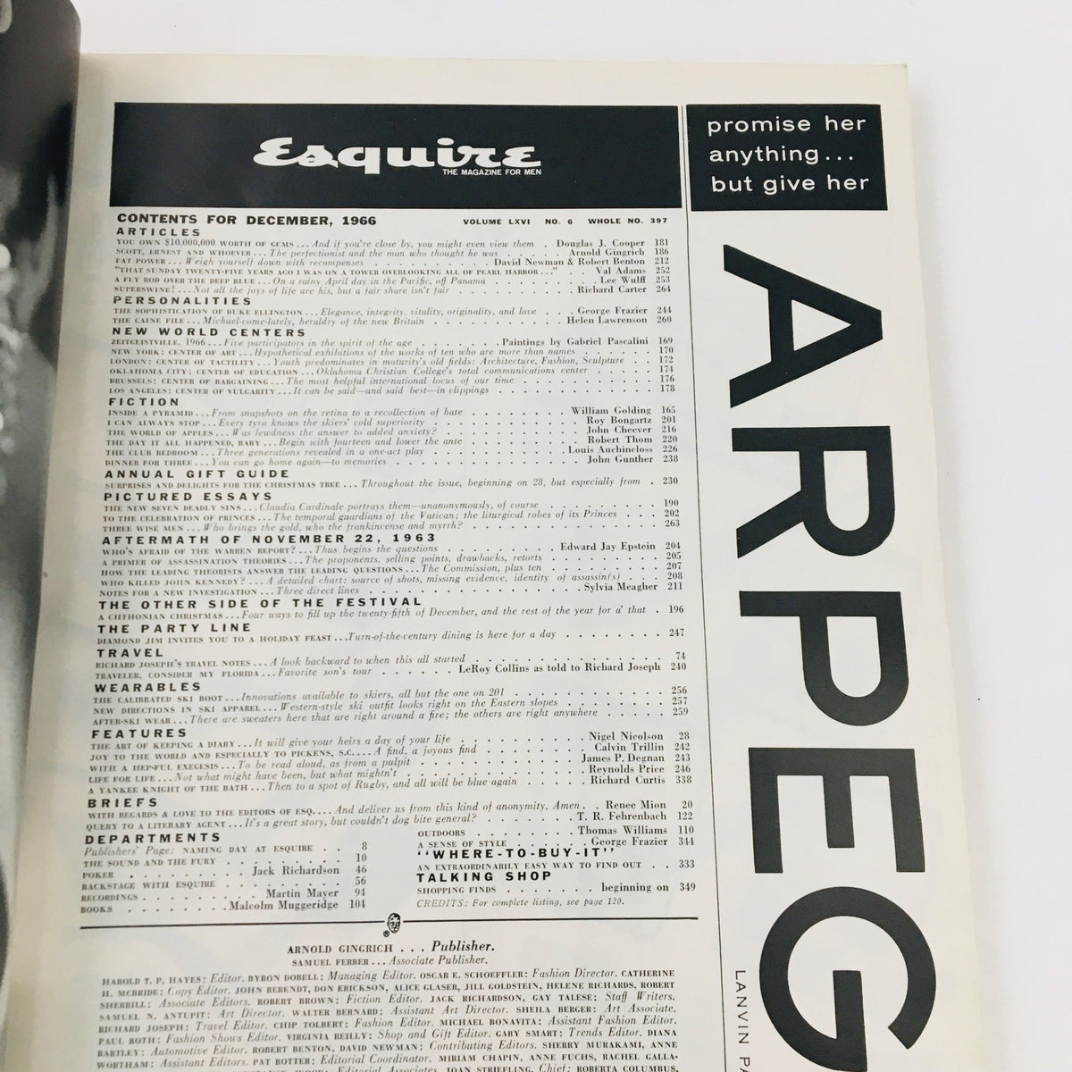 Contents page of VTG Esquire Magazine December 1966 featuring Claudia Cardinale, showcasing articles and features from the issue, including 'The 7 Deadly Sins'.