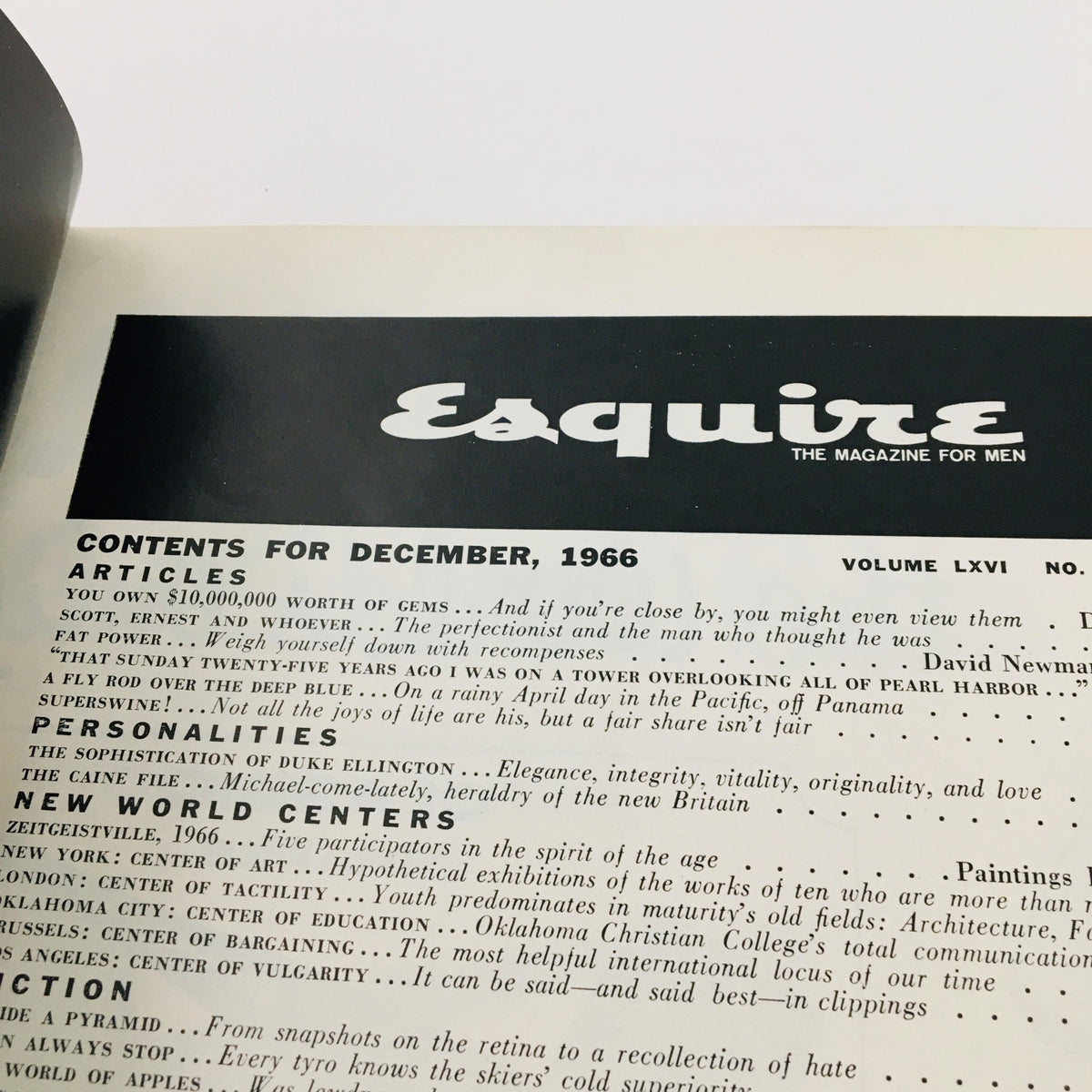 Close-up view of the contents section in VTG Esquire Magazine December 1966, highlighting the magazine's articles and themes relevant to its historical context.