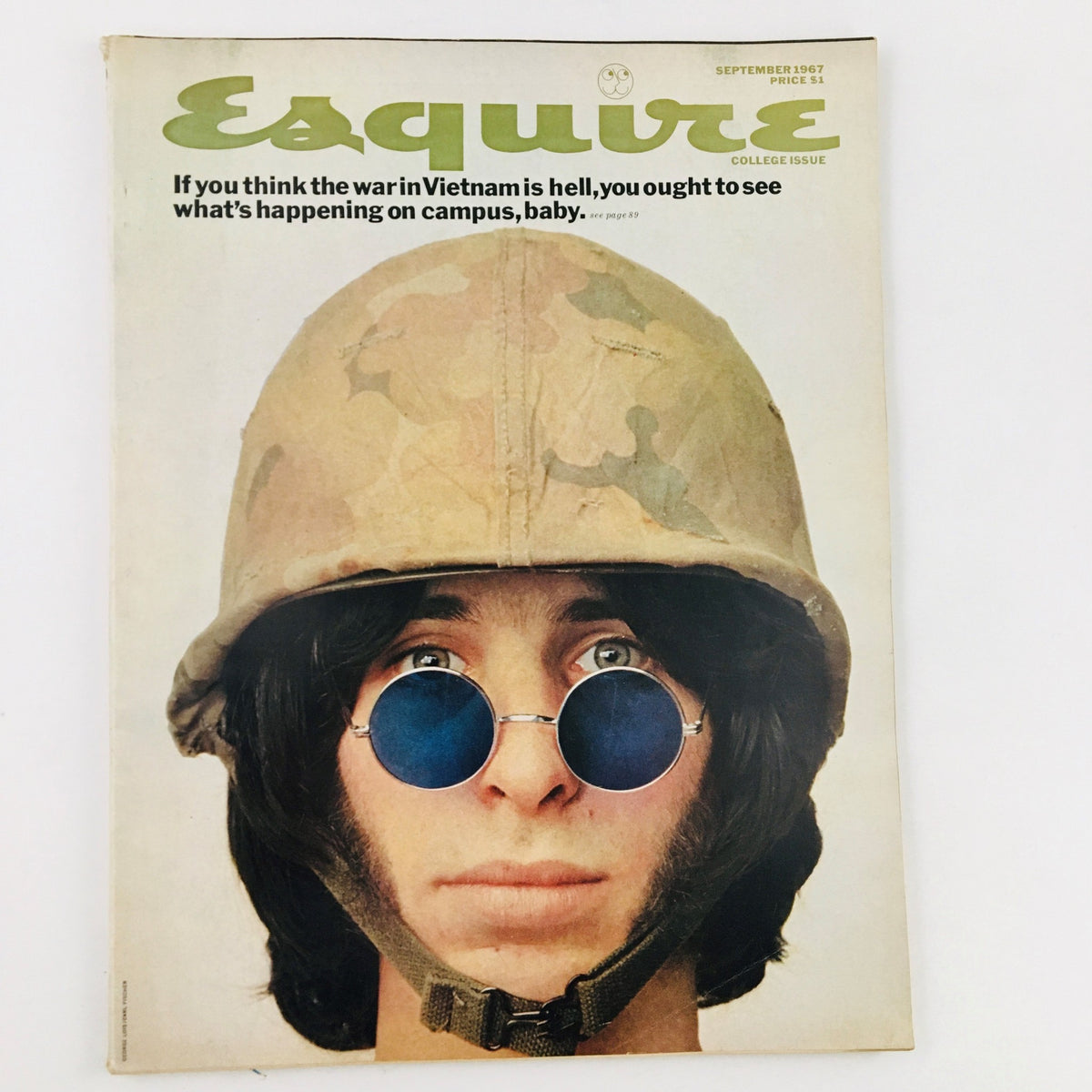 Cover of VTG Esquire Magazine September 1967 titled 'The Student as Potential Assassin', featuring a soldier with sunglasses and a camouflage helmet, reflecting the political climate of the 1960s.