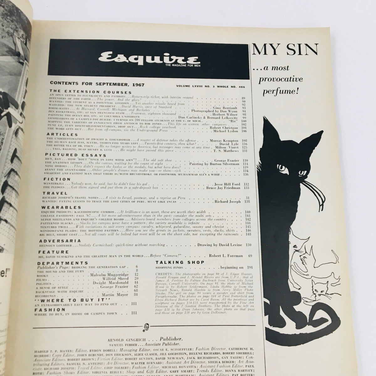 Contents page of VTG Esquire Magazine September 1967 titled 'The Student as Potential Assassin', listing articles, essays, and features relevant to the sociopolitical issues of the time.