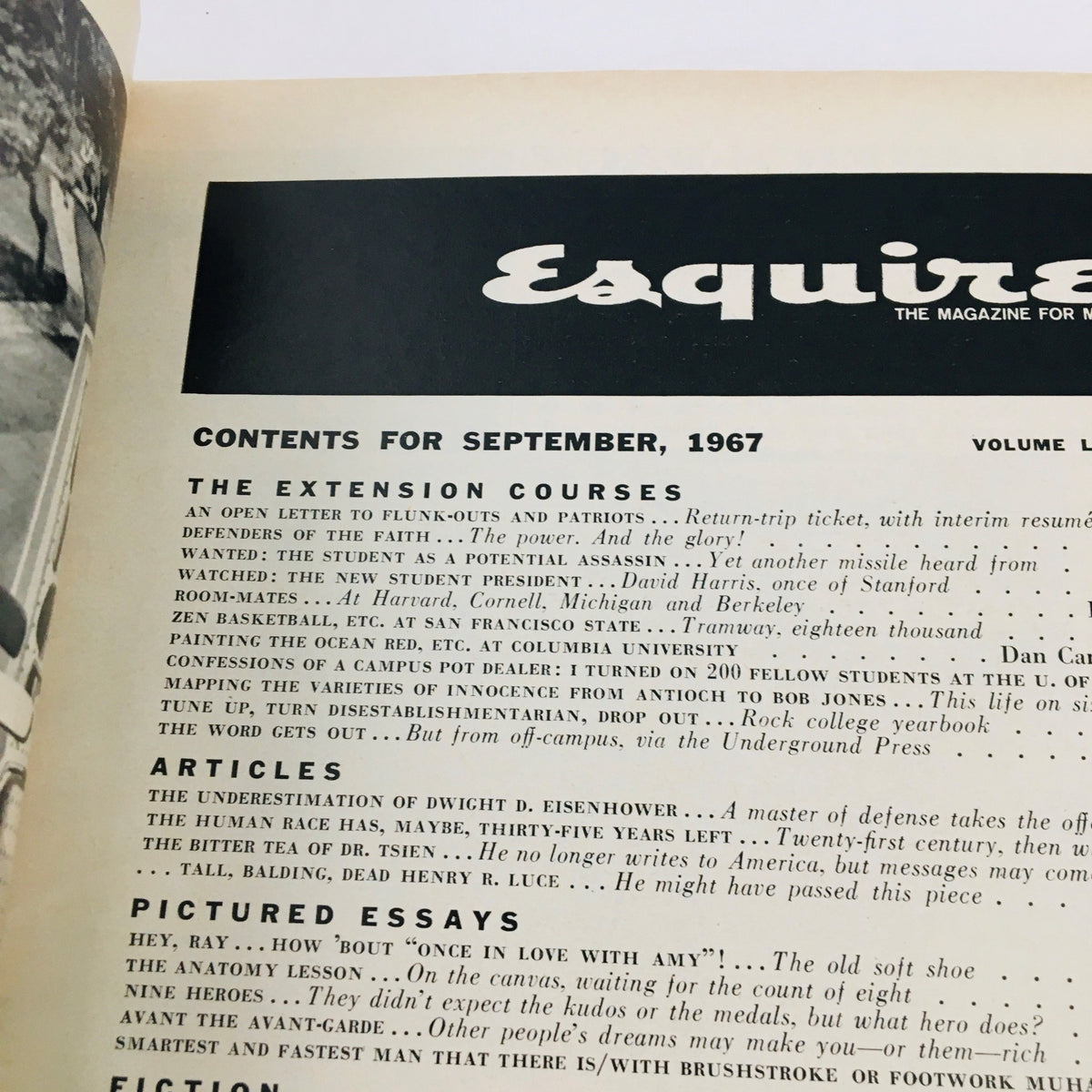 Inside page of VTG Esquire Magazine September 1967 titled 'The Student as Potential Assassin', showcasing article titles and discussions about youth culture and radicalism during the 1960s.