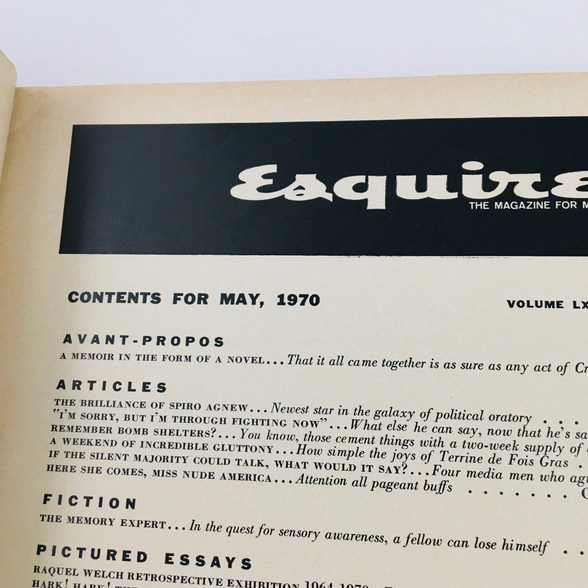 Contents page of the VTG Esquire Magazine May 1970, featuring articles including 'The Brilliance of Spiro Agnew' and others, highlighting the cultural and political themes of the time.