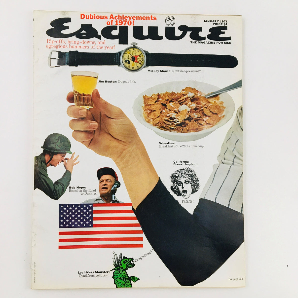 VTG Esquire Magazine January 1971 cover featuring Jim Bouton, Mickey Mouse, and Bob Hope, highlighting cultural references and designs of the early 1970s.