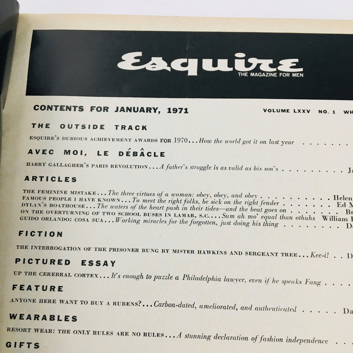 Another view of the contents page from VTG Esquire Magazine January 1971, detailing various articles and features relevant to the era.