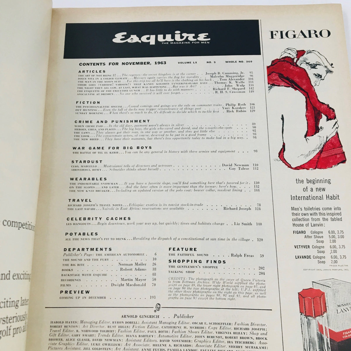 Contents page of VTG Esquire Magazine from November 1963, listing articles including 'The Etiquette of The Executive Lunch'. The layout showcases sections on fiction, crime, wearables, and other cultural topics.
