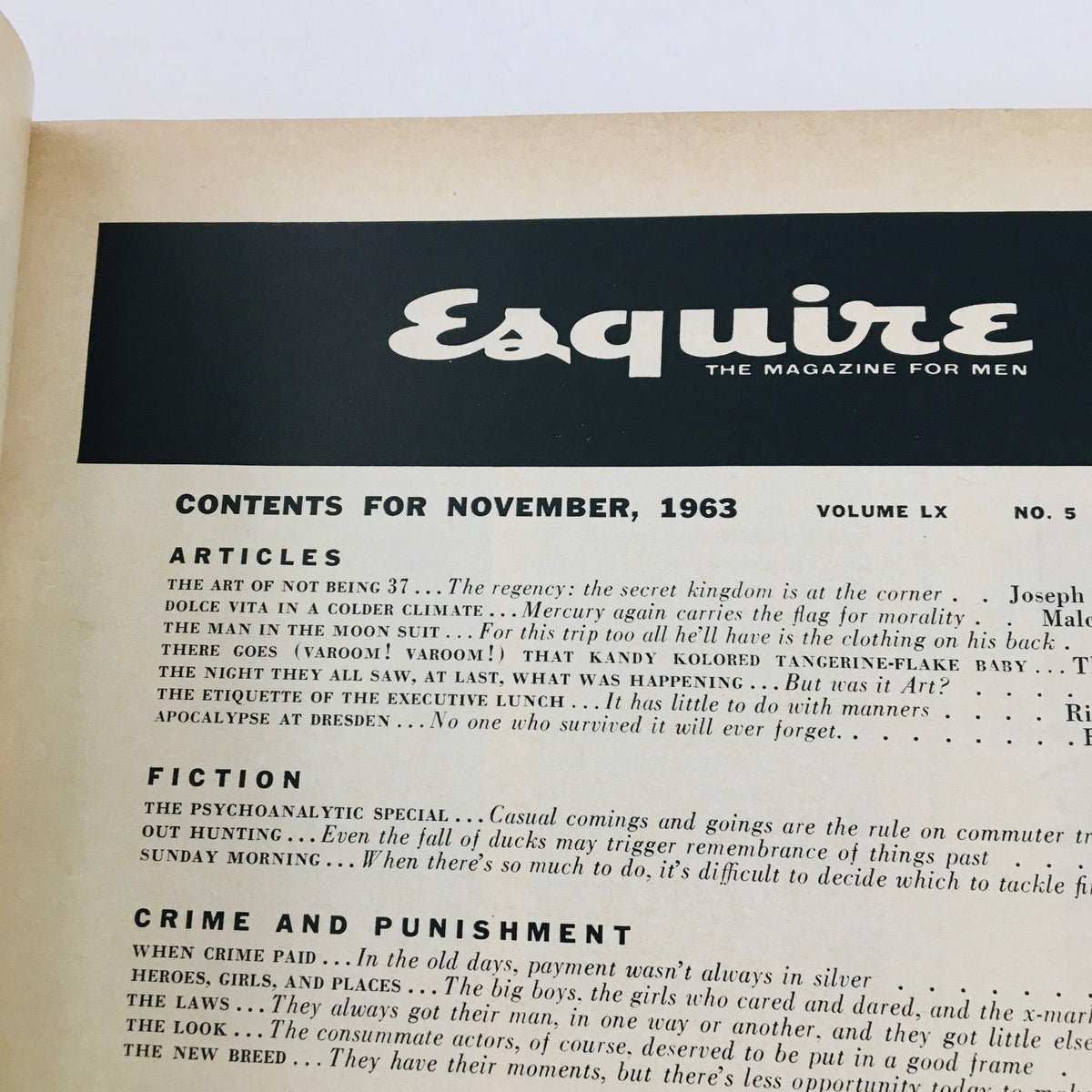 Another view of the contents page from VTG Esquire Magazine November 1963, emphasizing articles, features, and sections that reflect the themes of the period, including 'The Etiquette of The Executive Lunch'.