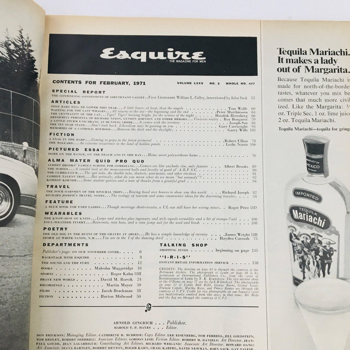 Interior page of VTG Esquire Magazine February 1971 displaying the table of contents, outlining various featured articles, including 'Sissy Bars Will Be Lower This Year'.