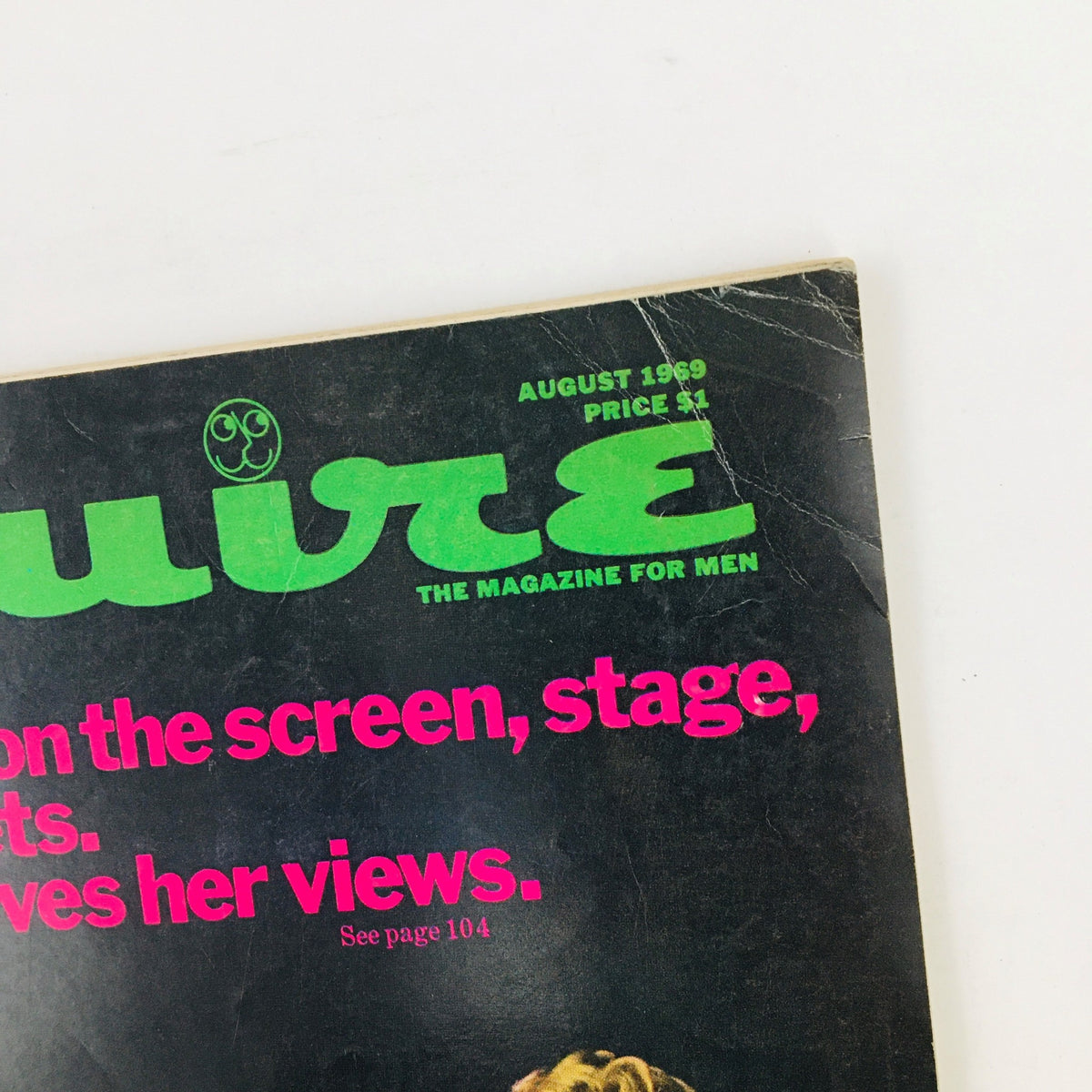 Close-up of the vintage Esquire Magazine August 1969 title displaying colorful typography, focusing on public decency discussions.