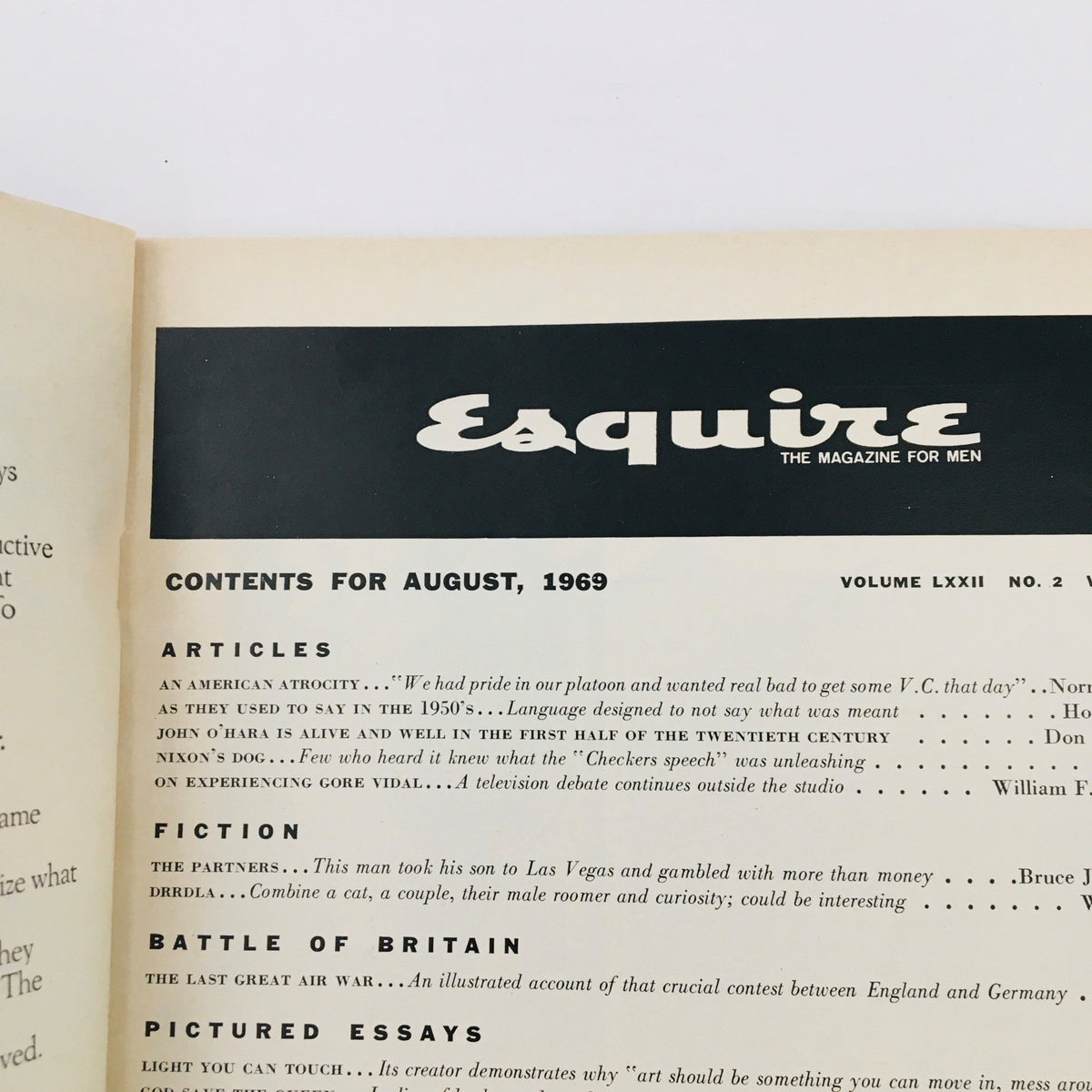 Another angle of the contents page from the VTG Esquire Magazine August 1969, highlighting articles related to public decency and societal attitudes in the 1960s.