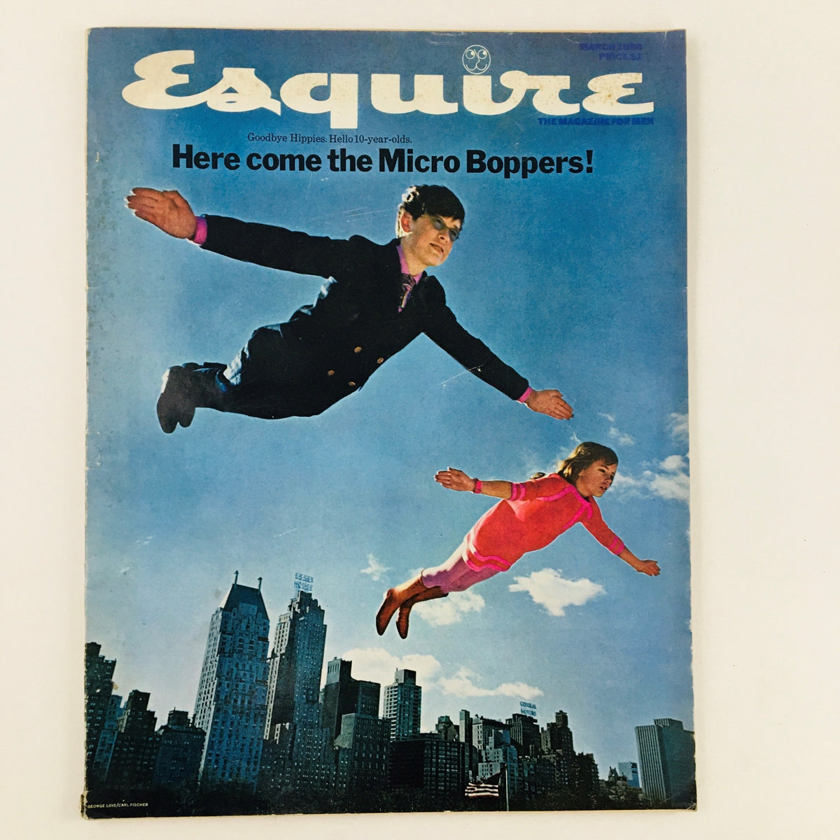 VTG Esquire Magazine March 1968 cover featuring the headline 'Here Come The Micro Boppers', depicting two children flying amidst a city skyline.