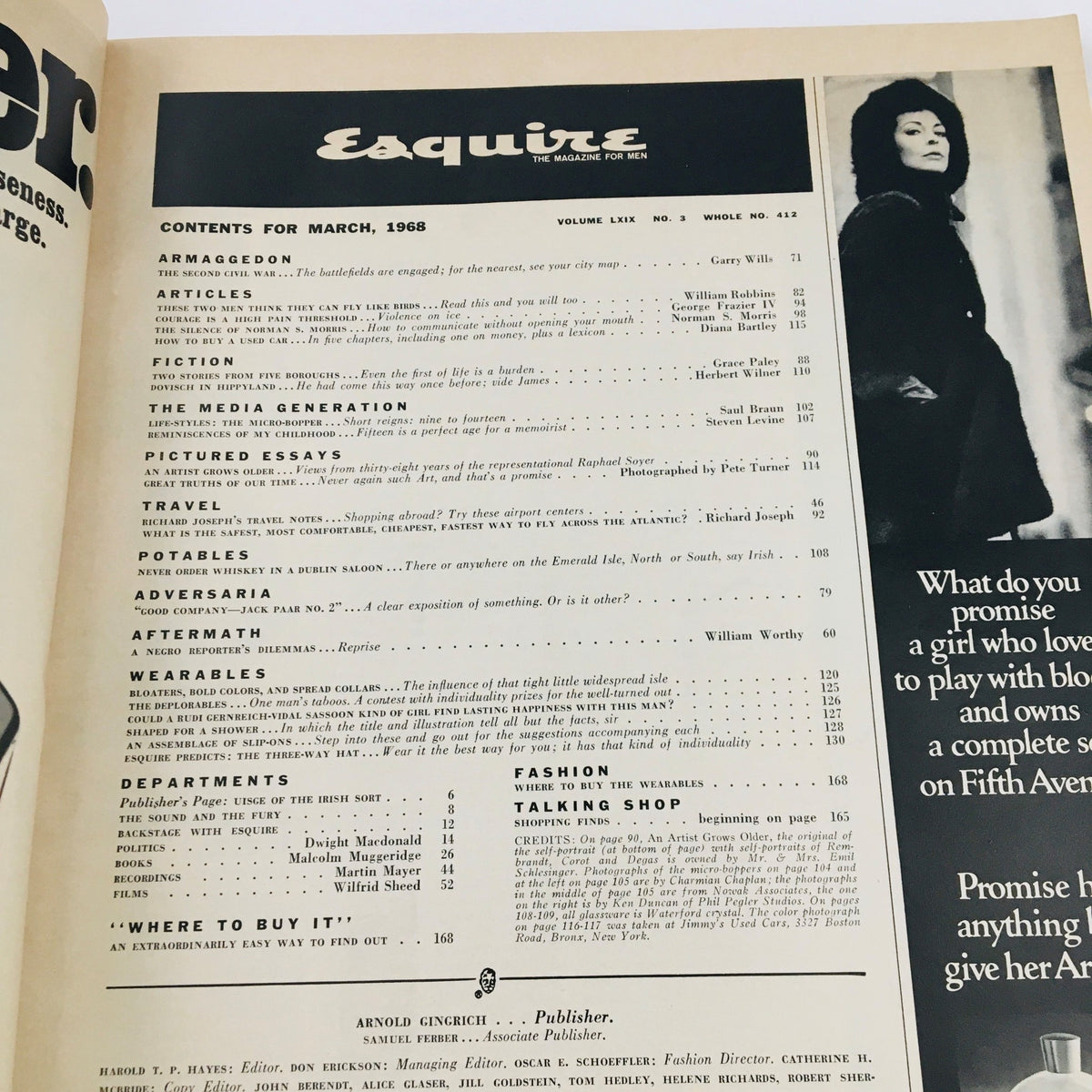 Inside page of the VTG Esquire Magazine March 1968 displaying the contents layout, featuring an array of articles and topics covered in this iconic issue.