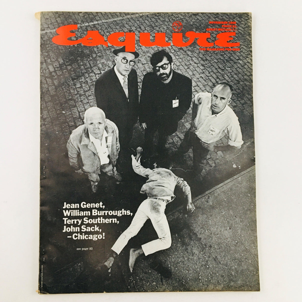 VTG Esquire Magazine November 1968 cover featuring Jean Genet, William Burroughs, and others in black and white, showcasing vintage literary culture.