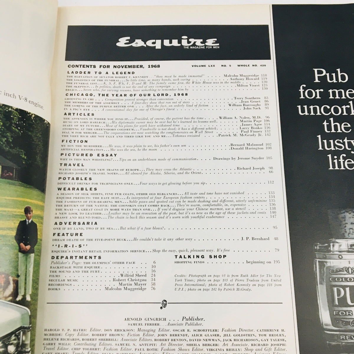 Interior page of the VTG Esquire Magazine November 1968 displaying the contents section detailing articles and features in the issue.