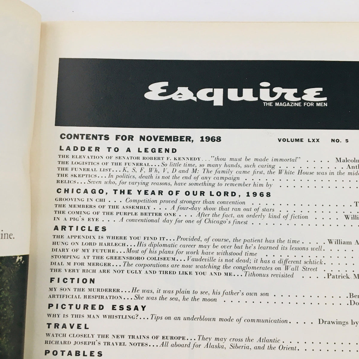 Another view of the contents page from the VTG Esquire Magazine November 1968, listing articles including 'Chicago, The Year of Our Lord, 1968'.