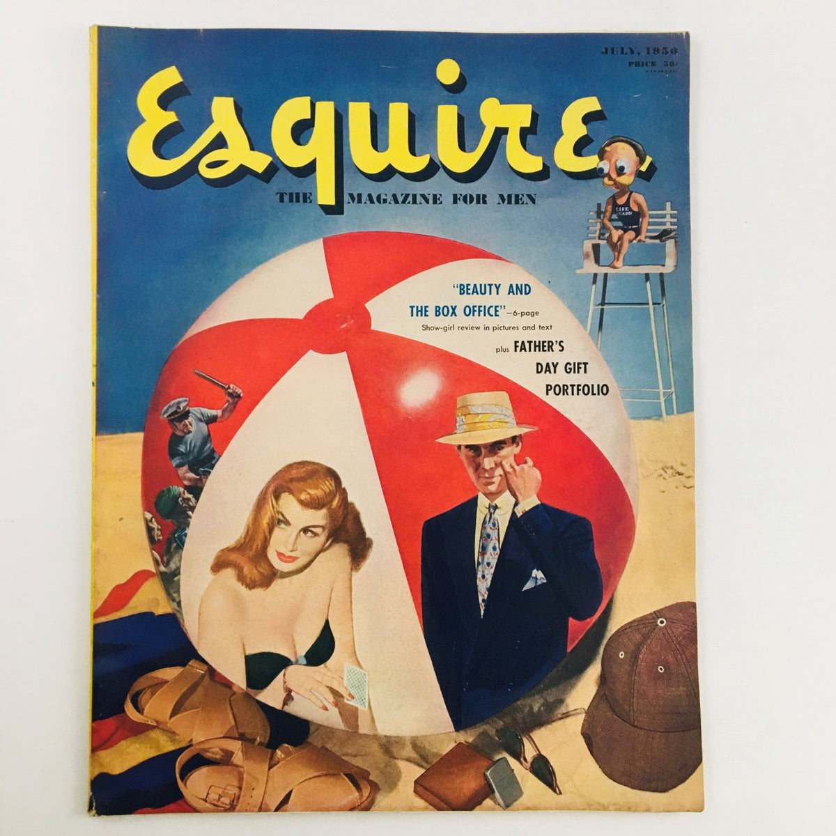 VTG Esquire Magazine July 1950 cover featuring 'Beauty and The Box Office,' showcasing mid-century Hollywood glamour with a beach ball and a glamorous woman in a swimsuit.